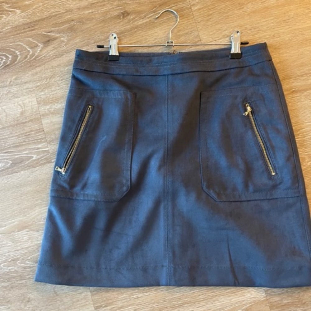 Navy Blue Suede Mini Skirt, Gold zipper pockets